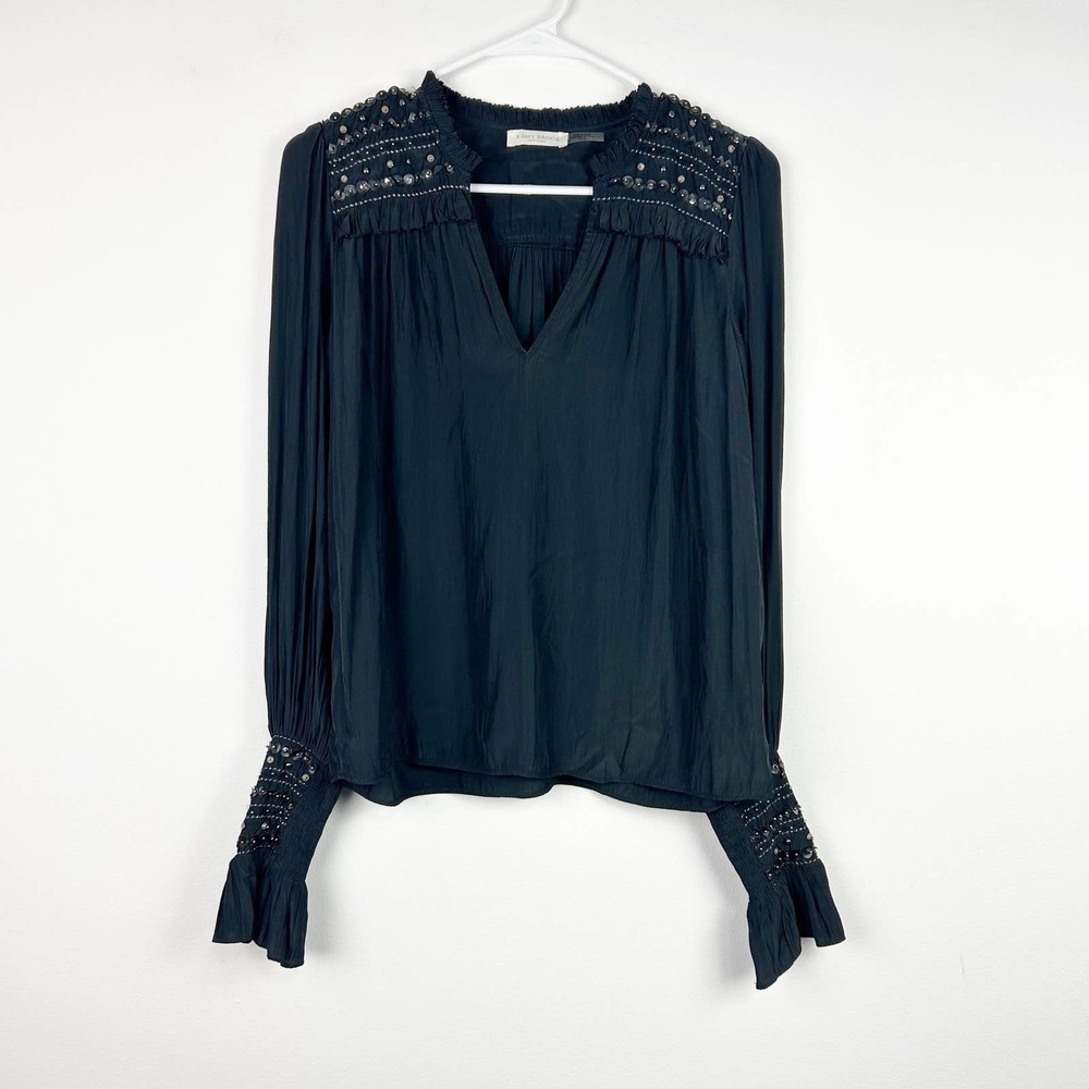Ramy Brook New York Black Beaded Smocked Blouse Made in India Size XS